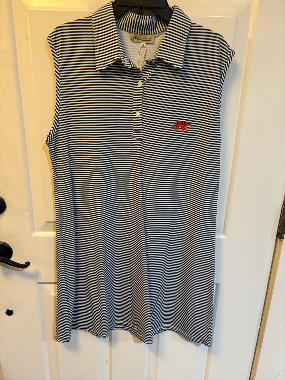 Women’s Navy and White Striped Polo Dress with Embroidered Tiger- Auburn